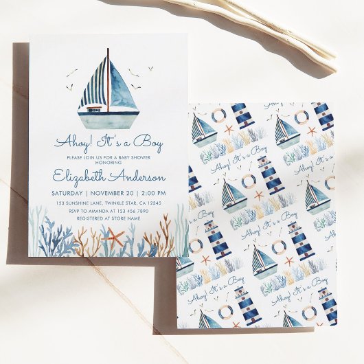 Invitation Ahoy ! C'est un Baby shower de bateau à voile Boy
