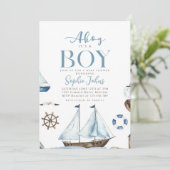 Invitation Ahoy C'est un baby shower de bateau bleu nautique (Debout devant)