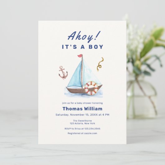 Invitation Ahoy C'est un Baby shower de voilier nautique (Debout devant)