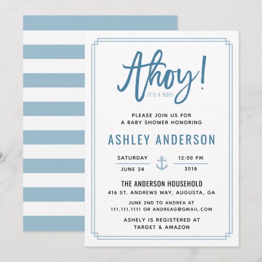 Invitation Ahoy ! C'est un garçon Ancre Baby shower Invitatio (Devant / Derrière)
