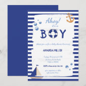 Invitation Ahoy C'est un garçon ! Baby shower bleu marin (Devant / Derrière)