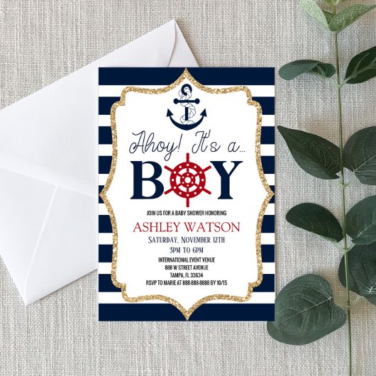 Invitation Ahoy C'est un garçon ! Baby shower bleu marine