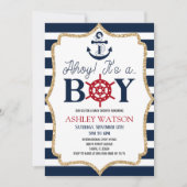Invitation Ahoy C'est un garçon ! Baby shower bleu marine (Devant)