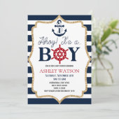 Invitation Ahoy C'est un garçon ! Baby shower bleu marine (Debout devant)
