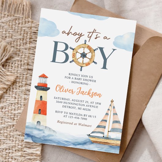 Invitation Ahoy C'est un garçon Baby shower Bleu Nautique