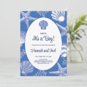 Invitation Ahoy C'est un garçon Baby shower Blue Ocean Shells (Debout devant)