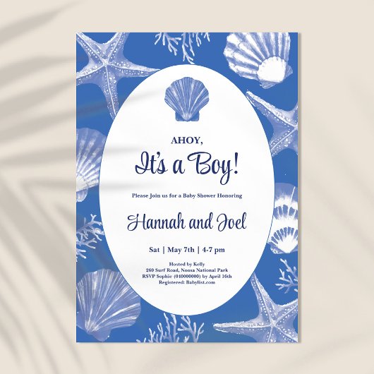 Invitation Ahoy C'est un garçon Baby shower Blue Ocean Shells