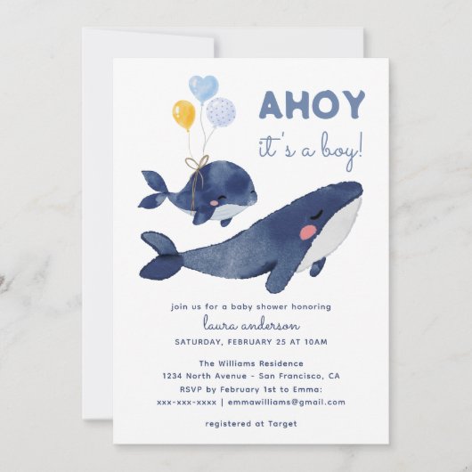 Invitation AHOY C'est un garçon ! Baby shower maman baleine (Devant)