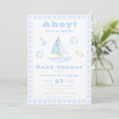Invitation Ahoy C'est un garçon Baby shower moderne bleu plai (Debout devant)