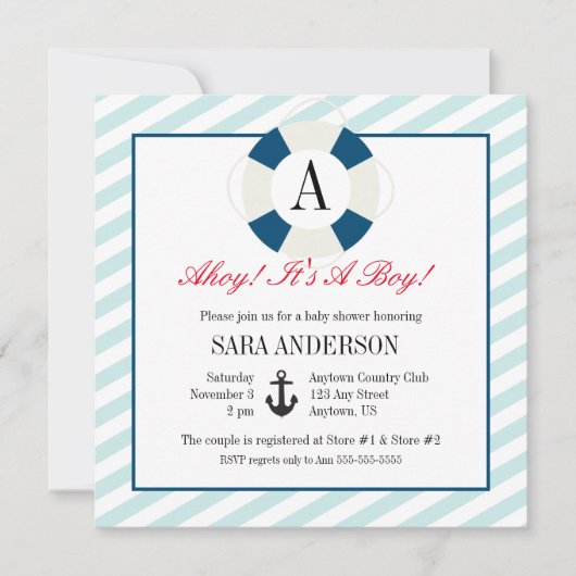Invitation Ahoy C'est un garçon Baby shower Monogramme Nautiq (Devant)