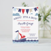 Invitation AHOY ! C'est un GARÇON ! Baby shower nautique (Debout devant)