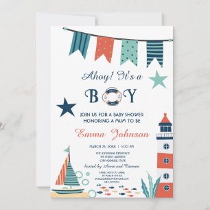 Invitation Ahoy C'est un garçon Baby shower nautique blanc