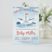 Invitation AHOY ! C'est un GARÇON ! Baby shower nautique en p (Debout devant)