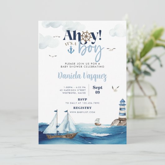 Invitation Ahoy ! C'est un garçon Baby shower nautique Invita (Debout devant)