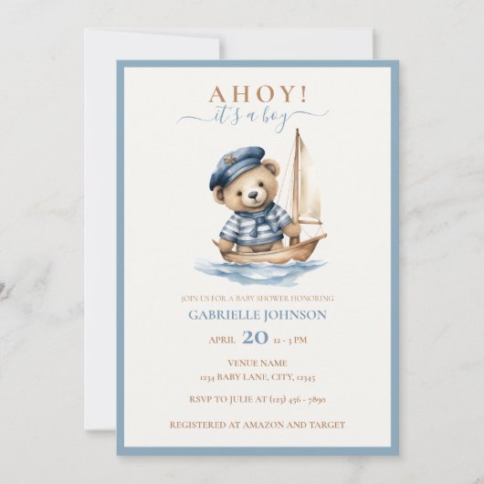 Invitation Ahoy c'est un garçon ! Baby shower nautique minima (Devant)