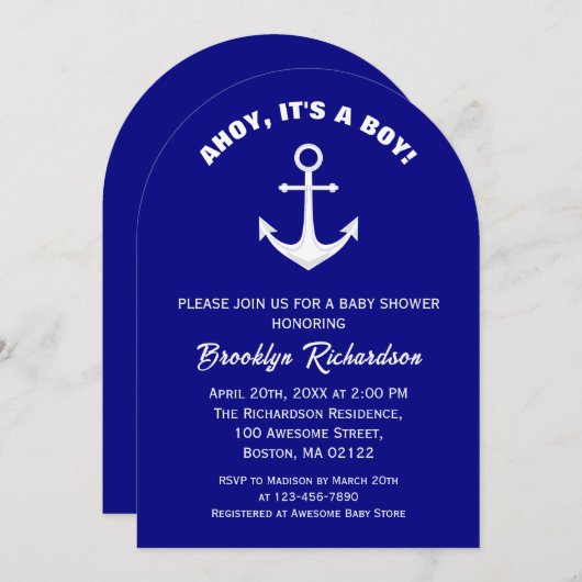 Invitation Ahoy C'Est Un Garçon Marine Bleu Blanc Ancre Baby (Devant / Derrière)