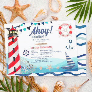 Invitation Ahoy c'est un garçon nautique baby shower bleu rou