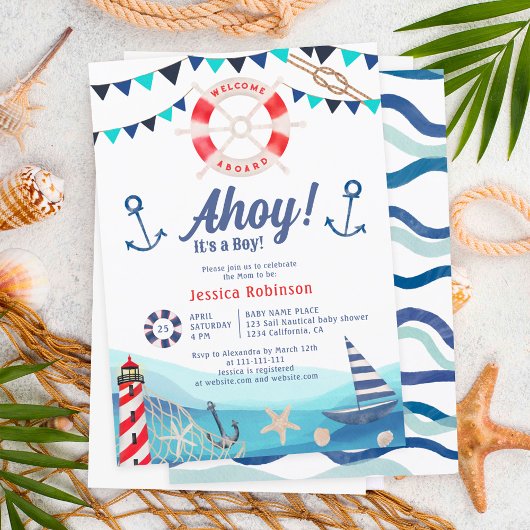 Invitation Ahoy c'est un garçon nautique baby shower bleu rou