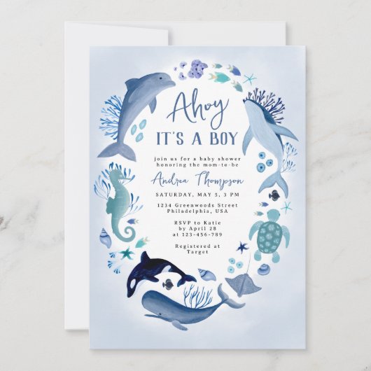 Invitation Ahoy C'est un garçon sous le Baby shower bleu mer (Devant)