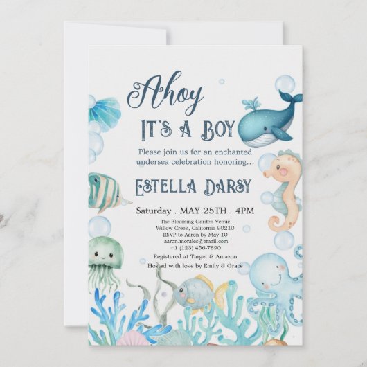 Invitation Ahoy ! C'est un garçon sous le Baby shower Sea Boy (Devant)