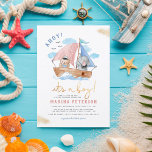 Invitation Ahoy C'est un petit éléphant Baby shower de voilie<br><div class="desc">Un design baby shower moderne avec une illustration peinte à la main d'un voilier en bois flottant sur des vagues bleues avec des nuages et des mouettes moelleux. Il y a un ourson et un marin éléphant ! Au-dessus, on peut lire "Ahoy !" avec "C'est un garçon !" en dessous,...</div>