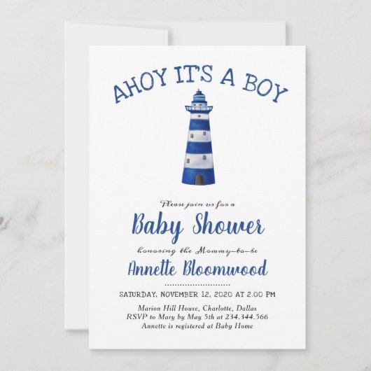Invitation Ahoy C'Est Un Petit Phare | Baby shower nautique (Devant)