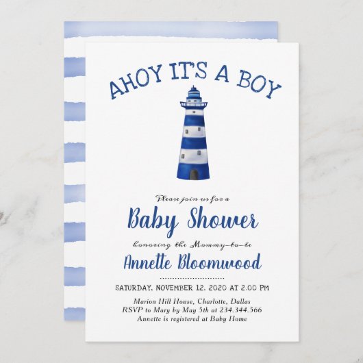 Invitation Ahoy C'Est Un Petit Phare | Baby shower nautique (Devant / Derrière)