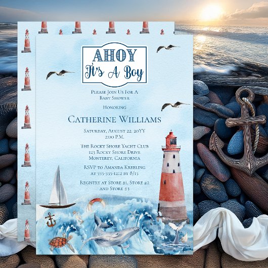 Invitation Ahoy C'est un phare Baby shower Océan Boy