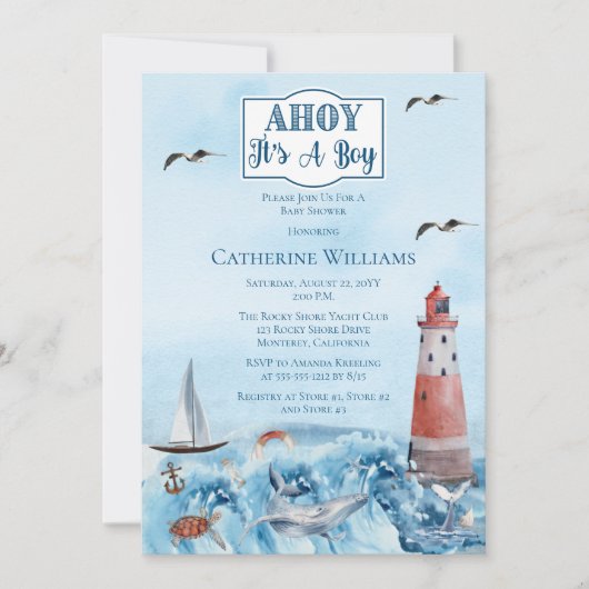 Invitation Ahoy C'est un phare Baby shower Océan Boy (Devant)