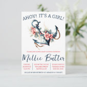 Invitation AHOY ! C'est une FILLE ! Baby shower Ancre floral (Debout devant)