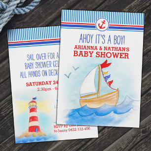 Invitation Ahoy garçons baby shower bateau nautique aquarelle