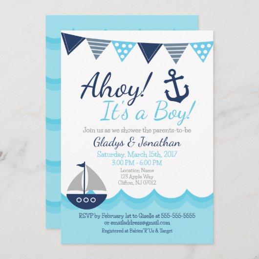 Invitation Ahoy! It’s a Boy Nautical Sailor Baby Shower Invit (Devant / Derrière)