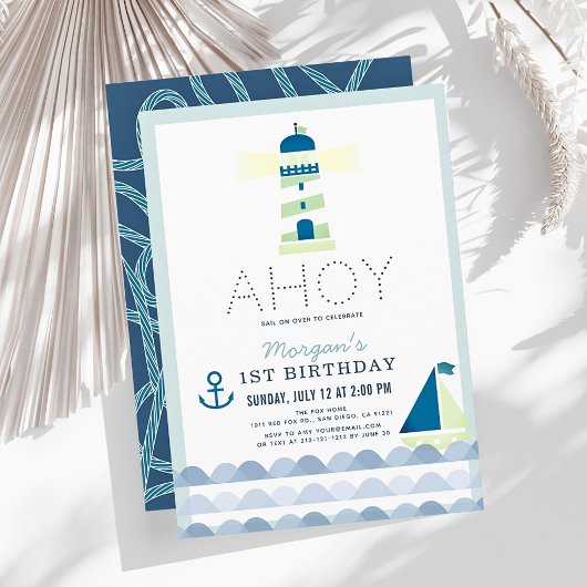 Invitation Ahoy Lighthouse Nautical Blue Boy 1er anniversaire