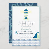 Invitation Ahoy Lighthouse Nautical Blue Boy Anniversaire (Devant / Derrière)