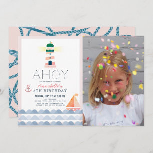 Invitation Ahoy Lighthouse Nautical rose Girl Photo Anniversa