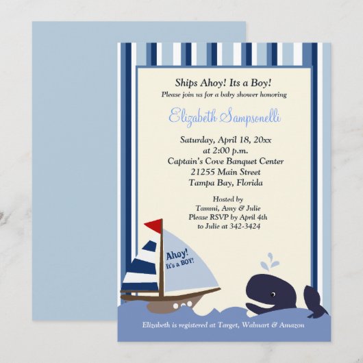 Invitation Ahoy Mate Blue Stripe Whale Baby shower 5x7 (Devant / Derrière)