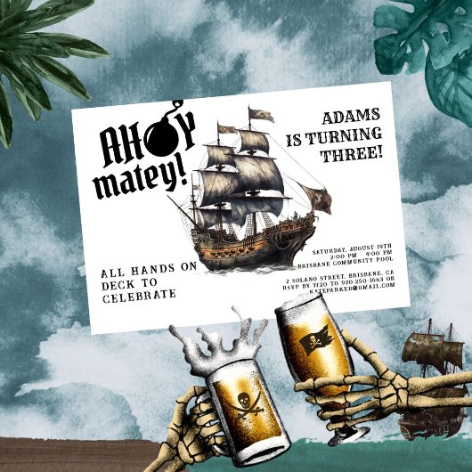 Invitation Ahoy Matey ! Anniversaire du bateau pirate blanc