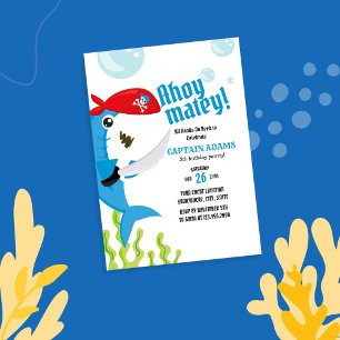 Invitation Ahoy Matey ! Anniversaire du pirate de requin blu