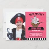 Invitation Ahoy Matey ! Bateau rose Pirate Photo Anniversaire (Devant)