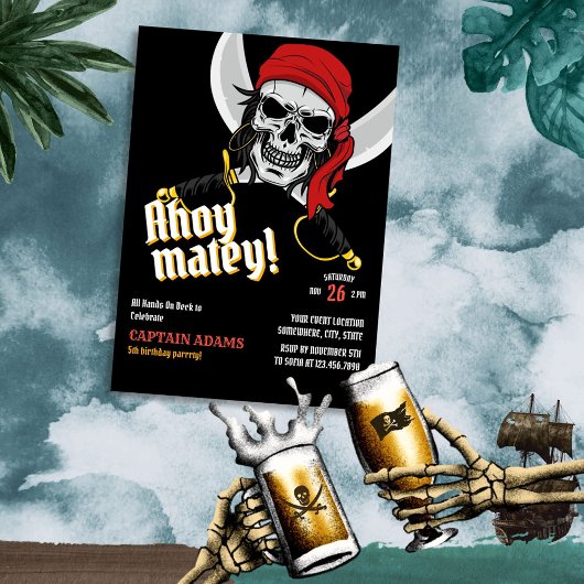 Invitation Ahoy Matey ! Mascotte de crâne des Pirates foncés 