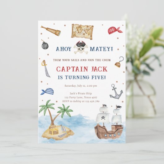 Invitation Ahoy Matey ! Navire pirate Trésor Garçon Anniversa (Debout devant)