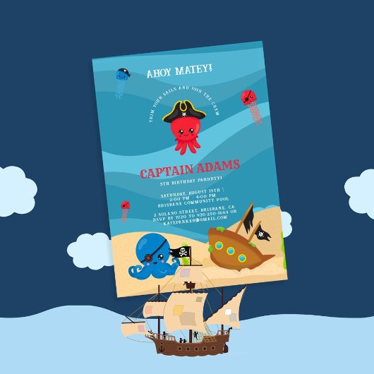Invitation Ahoy Matey ! Octopus Pirates Boys Anniversaire