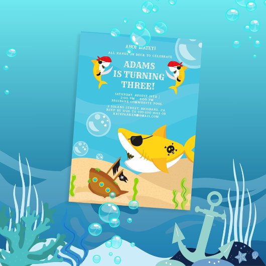 Invitation Ahoy Matey ! Pirate de requin jaune sous mer Anniv