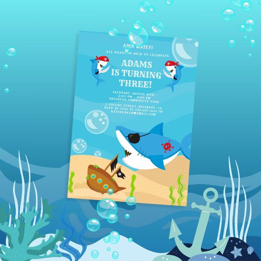 Invitation Ahoy Matey ! Pirate de requin sous la mer Annivers