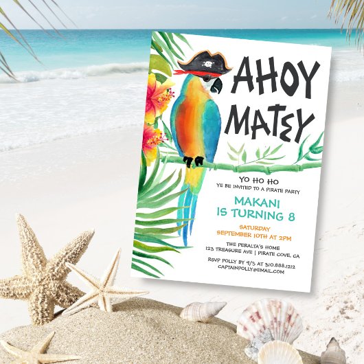 Invitation Ahoy Matey Pirate Parrot Anniversaire Tropical