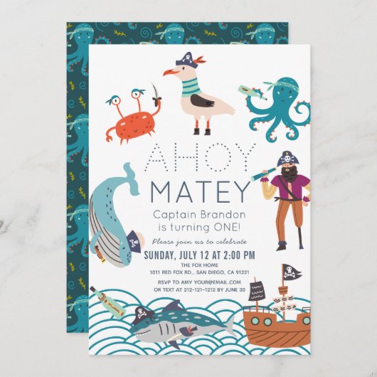 Invitation Ahoy Matey Pirate Sea Animaux 1er anniversaire (Devant / Derrière)