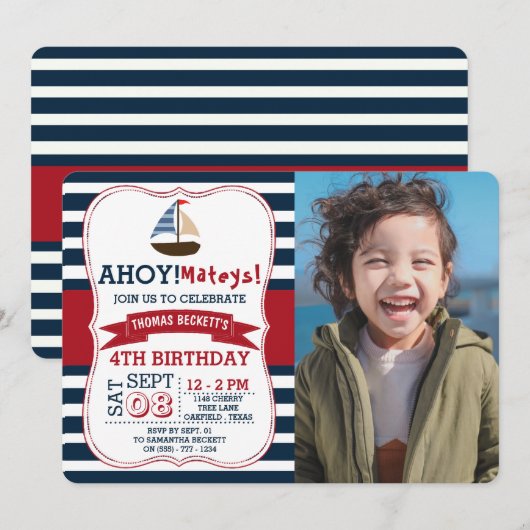 Invitation Ahoy Mateys ! Nautical Boys Photo Anniversaire (Devant / Derrière)