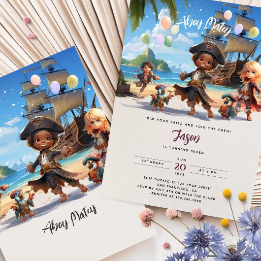 Invitation Ahoy Mateys ! Pirate Paradise Island Anniversaire 