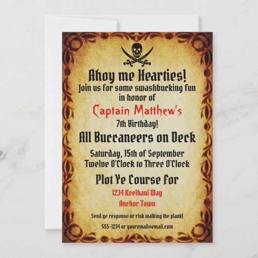 Invitation Ahoy Me Hearties Pirate Anniversaire (Devant)