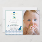 Invitation Ahoy Nautical Blue Boy Photo 1er anniversaire (Devant)